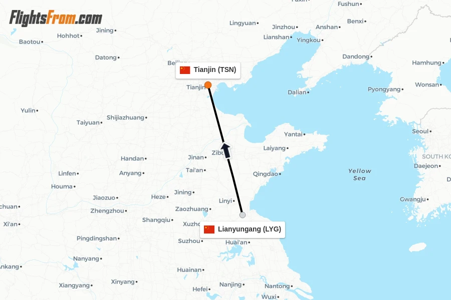 Flights from Lianyungang to Tianjin route map