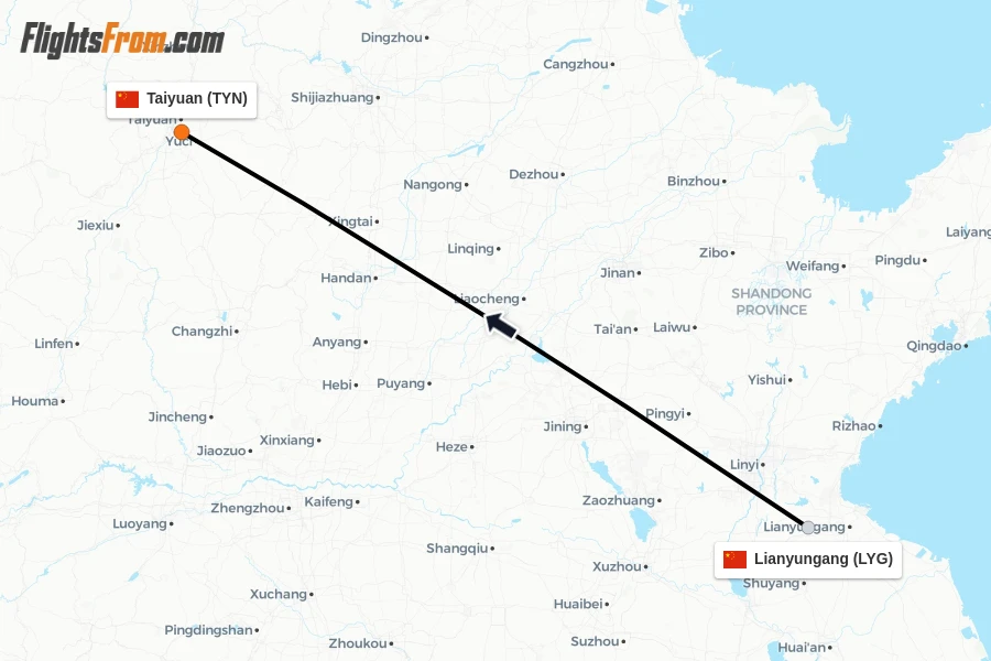 Flights from Lianyungang to Taiyuan route map