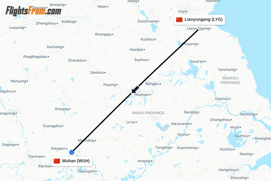 Flights from Lianyungang to Wuhan route map
