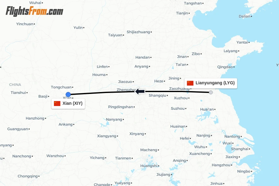 Flights from Lianyungang to Xian route map