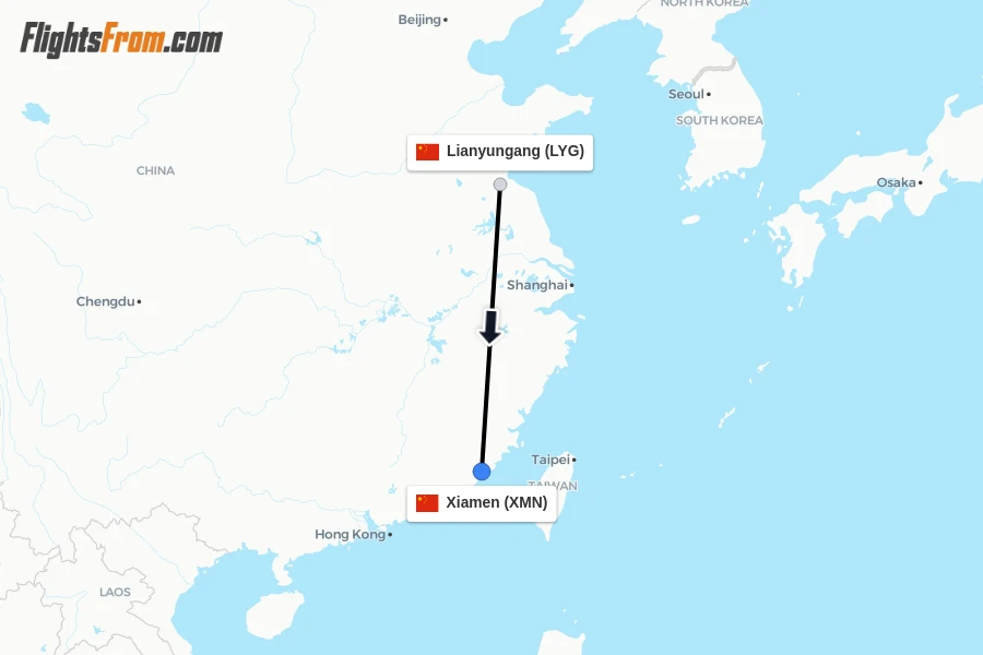 Flights from Lianyungang to Xiamen route map