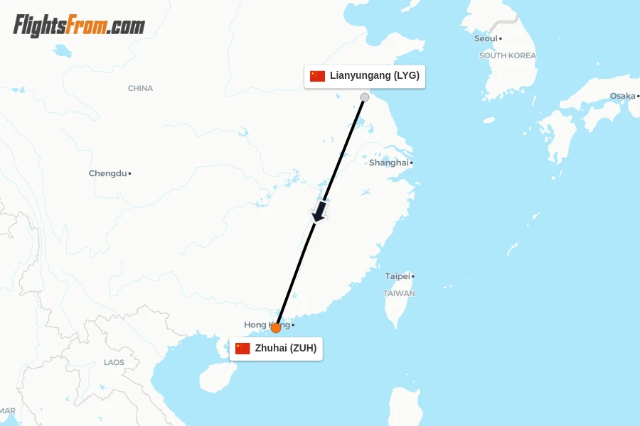 Flights from Lianyungang to Zhuhai route map