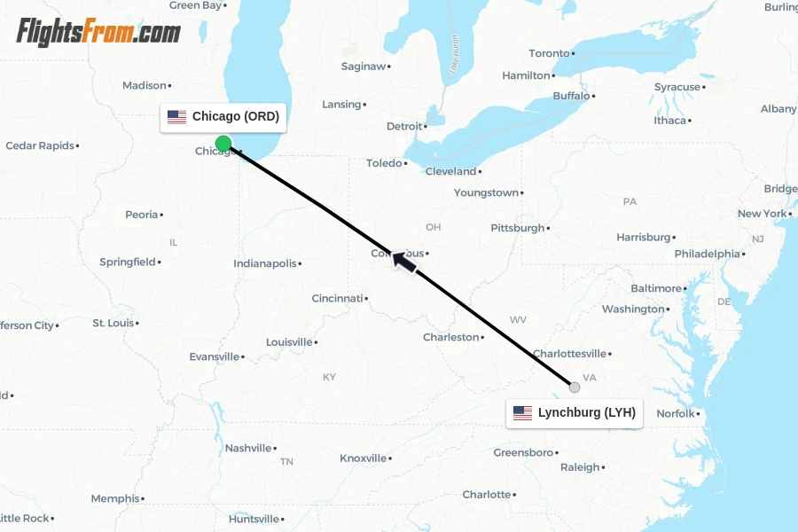 Flights from Lynchburg to Chicago route map