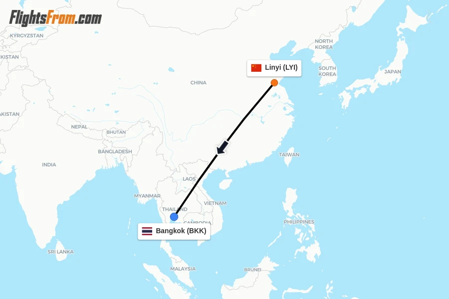 Flights from Linyi to Bangkok route map