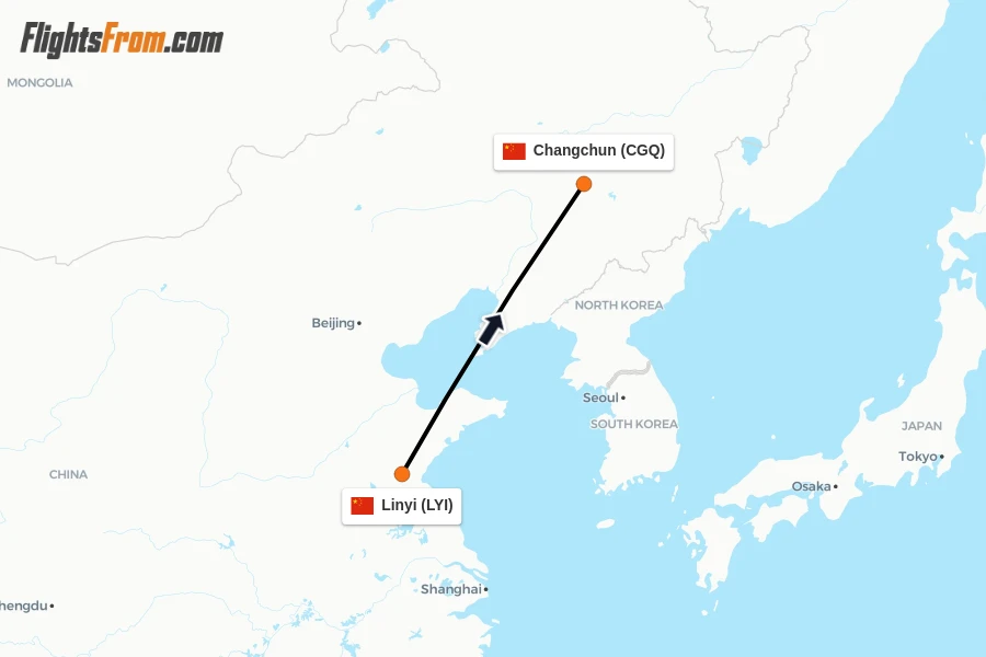 Flights from Linyi to Changchun route map