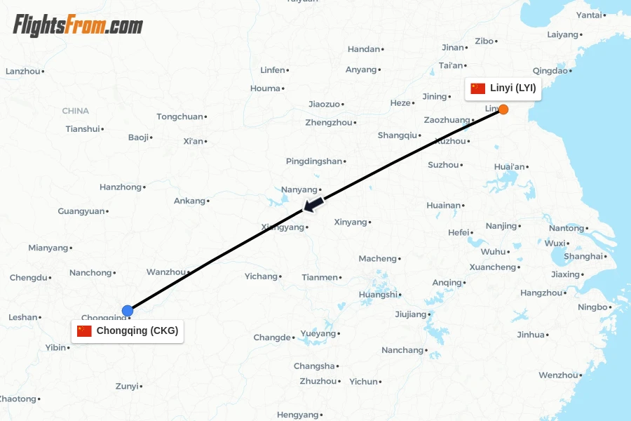 Flights from Linyi to Chongqing route map