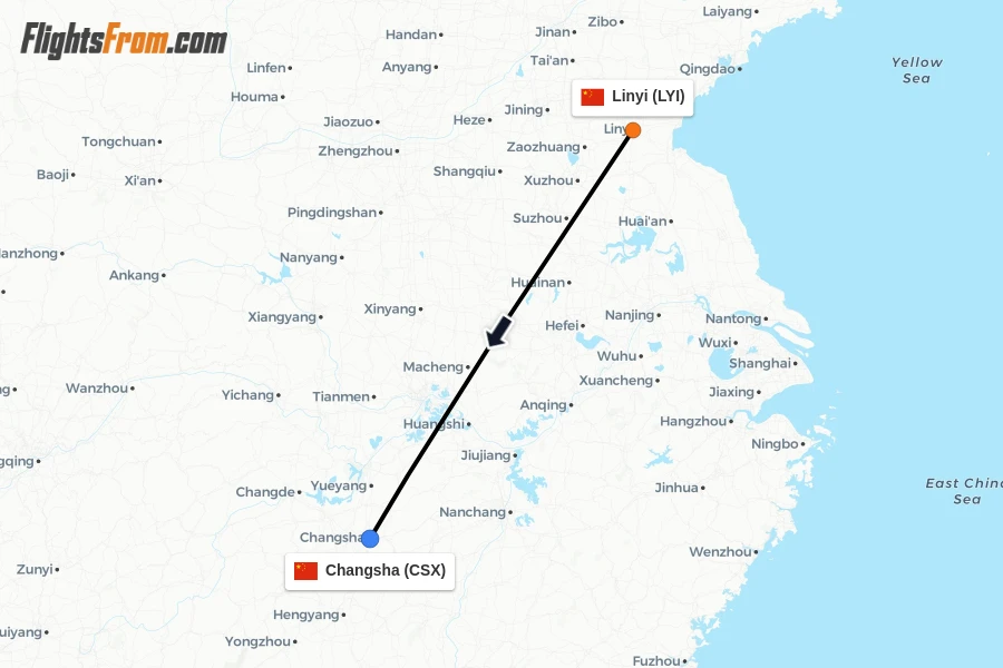 Flights from Linyi to Changsha route map