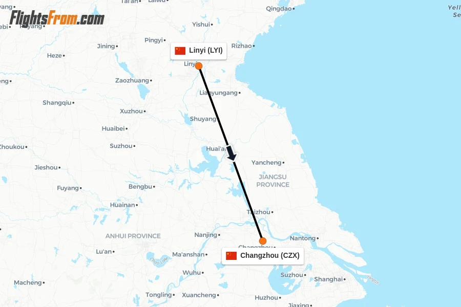 Flights from Linyi to Changzhou route map