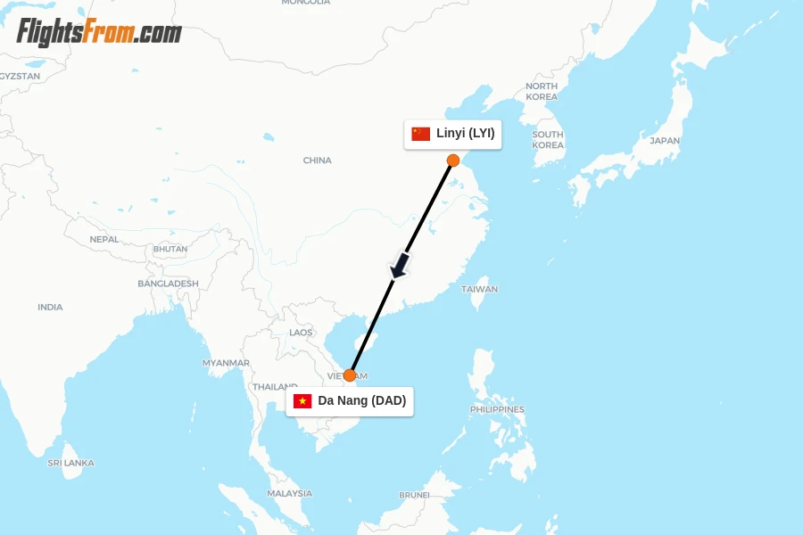 Flights from Linyi to Da Nang route map