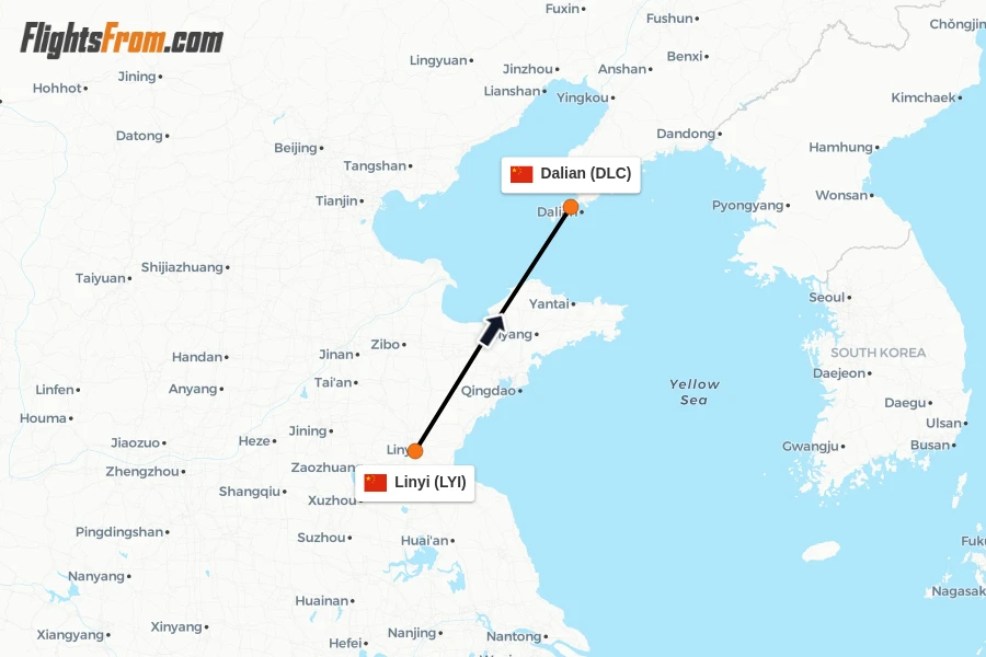 Flights from Linyi to Dalian route map