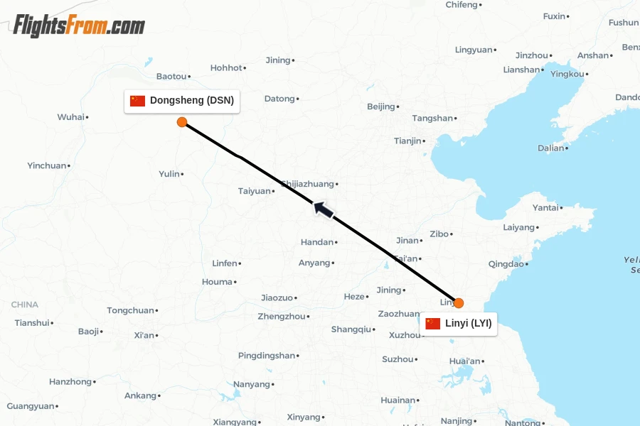 Flights from Linyi to Dongsheng route map