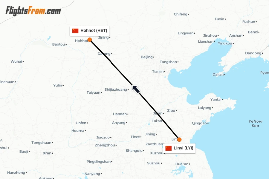 Flights from Linyi to Hohhot route map