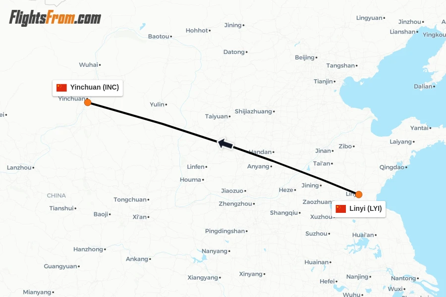 Flights from Linyi to Yinchuan route map