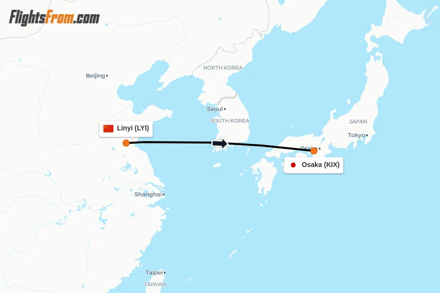 Flights from Linyi to Osaka route map