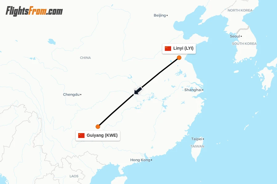 Flights from Linyi to Guiyang route map