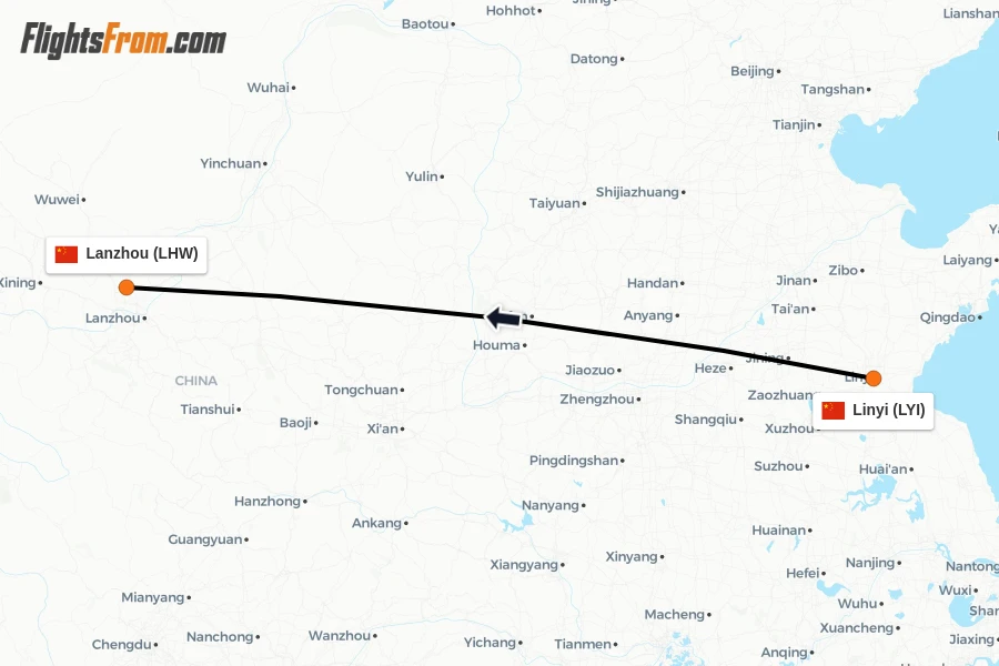 Flights from Linyi to Lanzhou route map