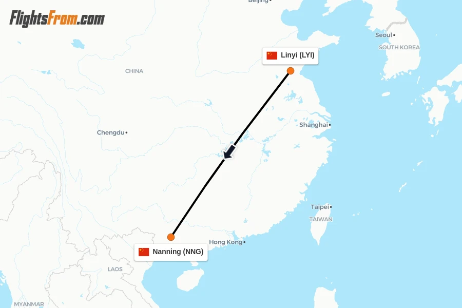 Flights from Linyi to Nanning route map