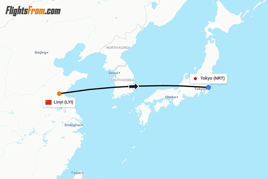 Flights from Linyi to Tokyo route map
