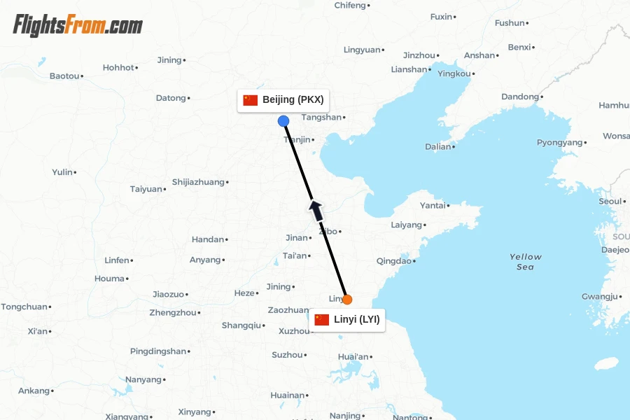 Flights from Linyi to Beijing route map