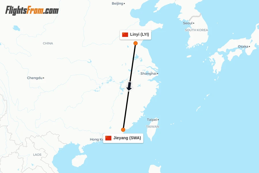 Flights from Linyi to Jieyang route map