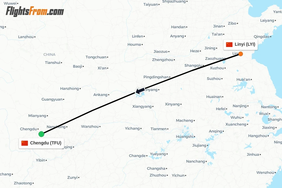 Flights from Linyi to Chengdu route map