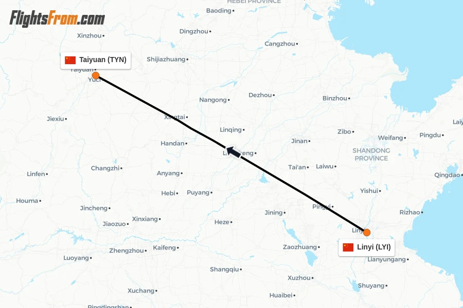 Flights from Linyi to Taiyuan route map
