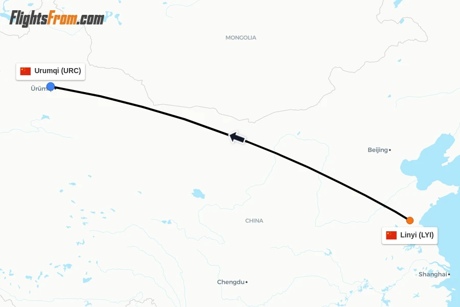 Flights from Linyi to Urumqi route map