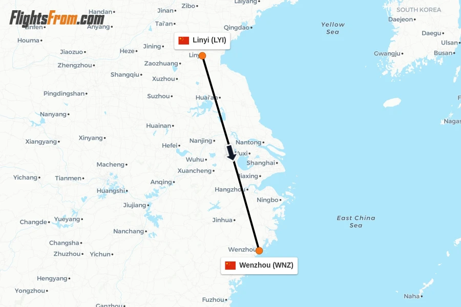 Flights from Linyi to Wenzhou route map