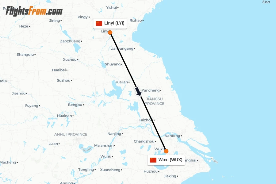 Flights from Linyi to Wuxi route map