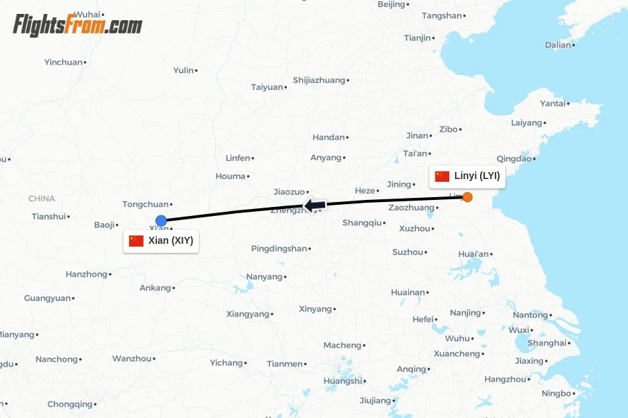 Flights from Linyi to Xian route map
