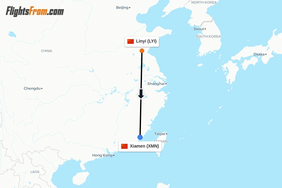 Flights from Linyi to Xiamen route map