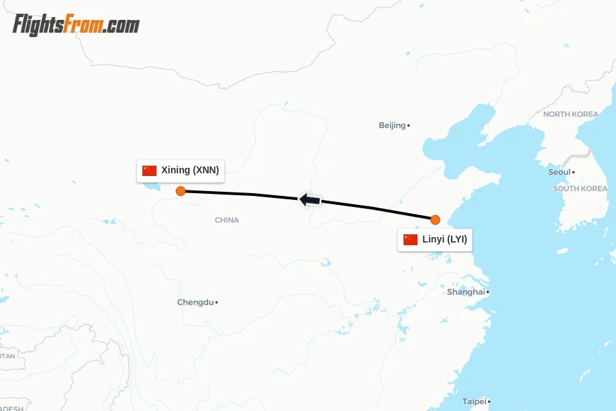 Flights from Linyi to Xining route map