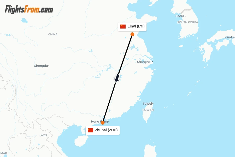 Flights from Linyi to Zhuhai route map