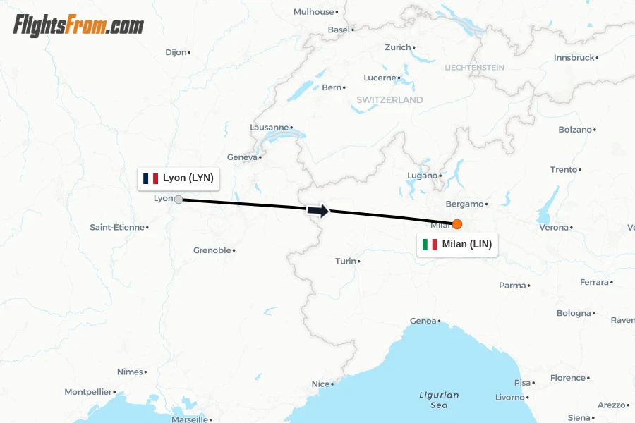 Flights from Lyon to Milan route map