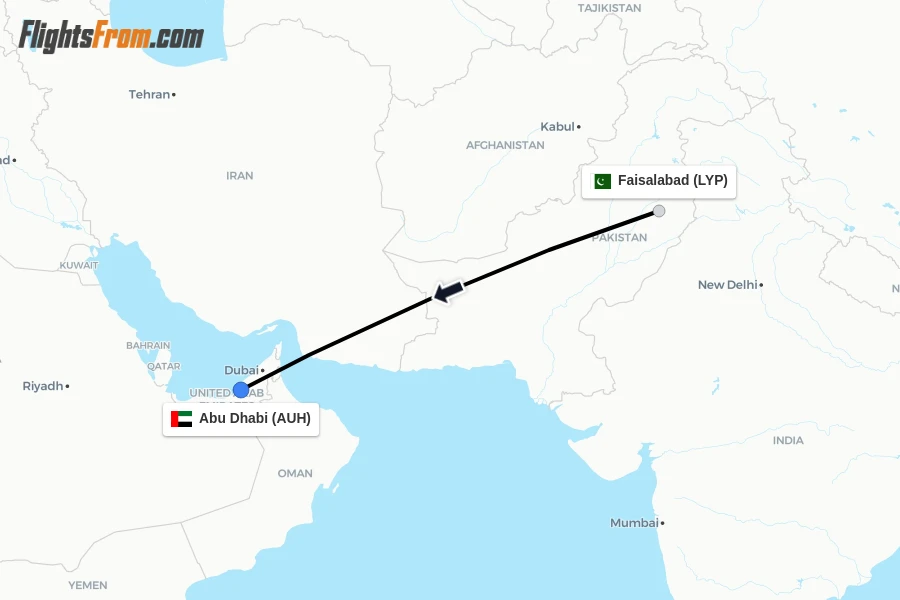 Flights from Faisalabad to Abu Dhabi route map