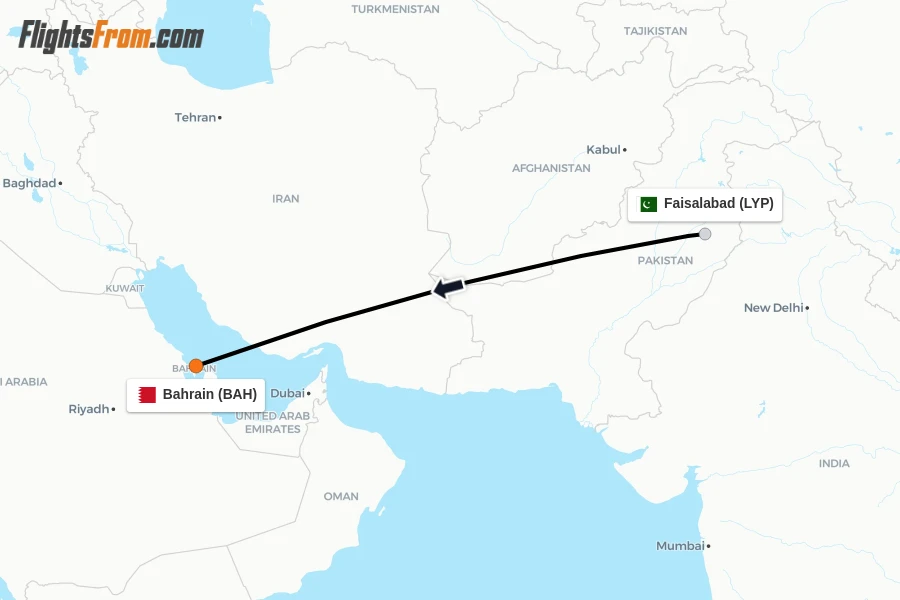 Flights from Faisalabad to Bahrain route map