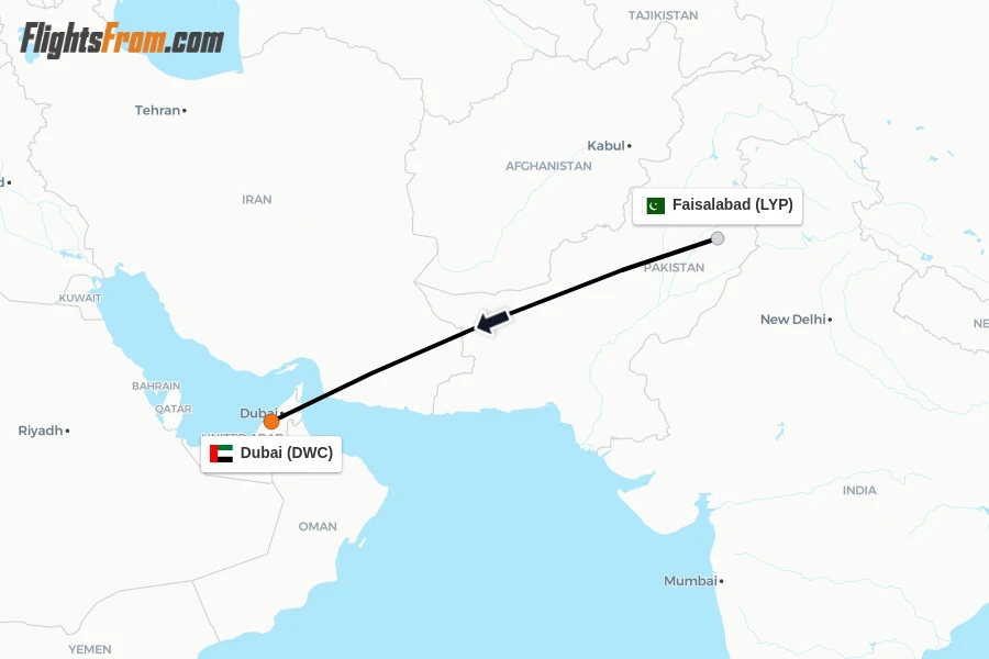 Flights from Faisalabad to Dubai route map