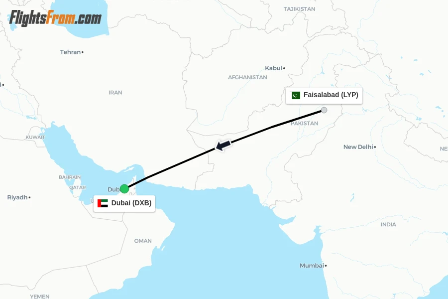 Flights from Faisalabad to Dubai route map