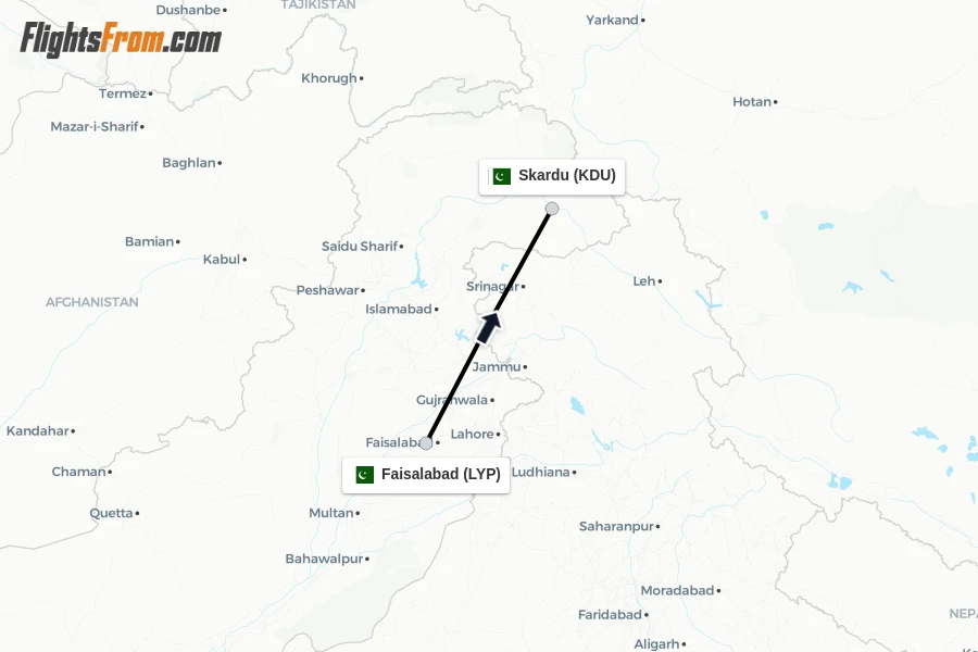 Flights from Faisalabad to Skardu route map