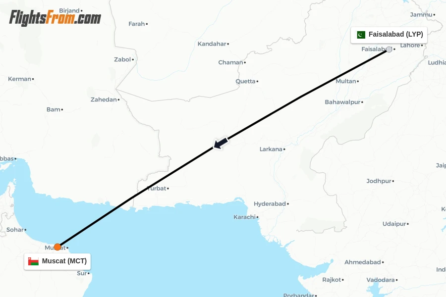Flights from Faisalabad to Muscat route map