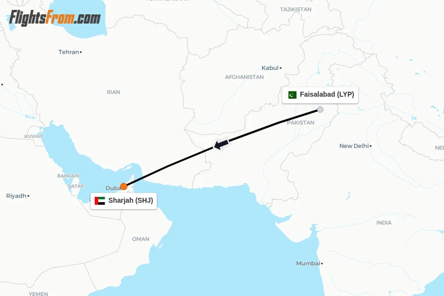 Flights from Faisalabad to Sharjah route map
