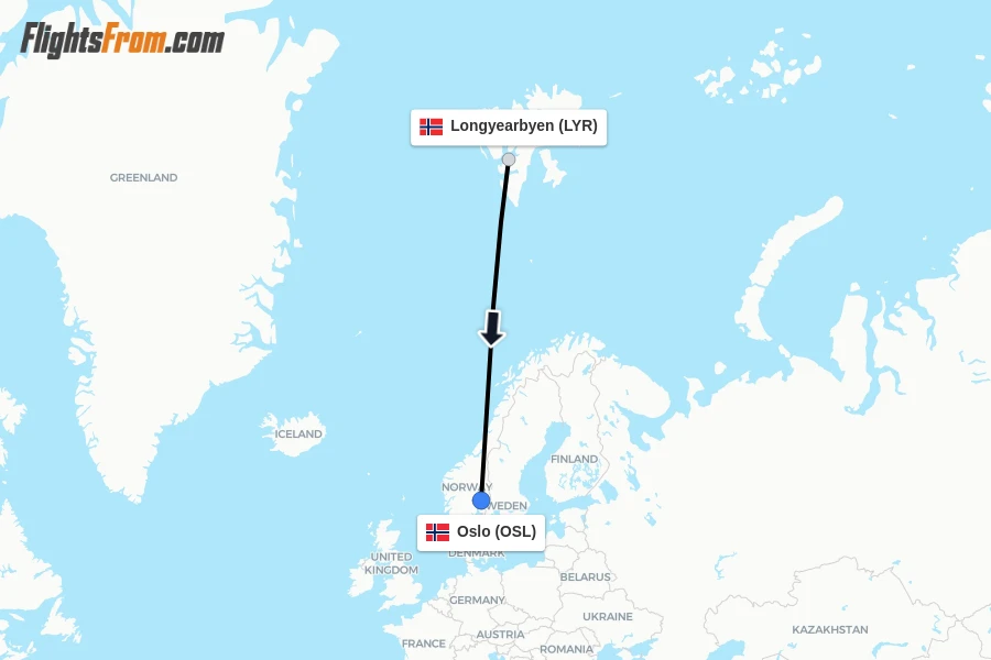 Flights from Longyearbyen to Oslo route map
