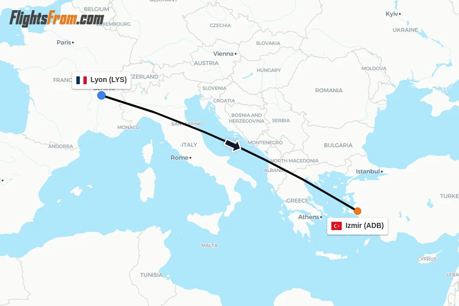 Flights from Lyon to Izmir route map