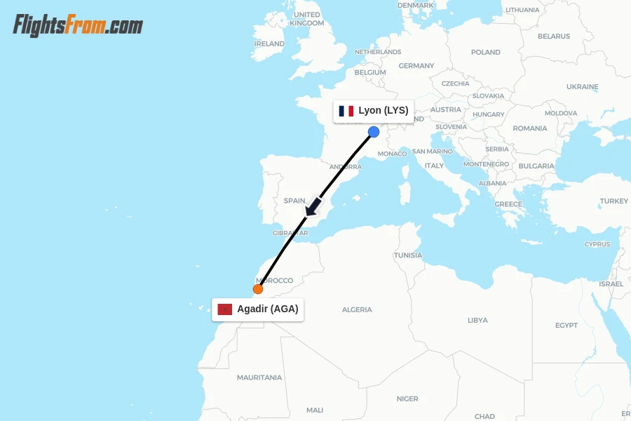 Flights from Lyon to Agadir route map