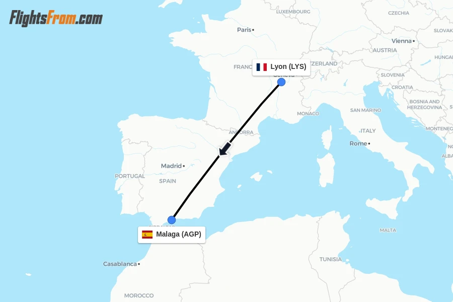 Flights from Lyon to Malaga route map