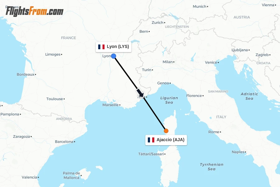 Flights from Lyon to Ajaccio route map
