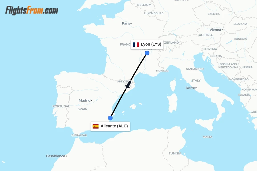 Flights from Lyon to Alicante route map