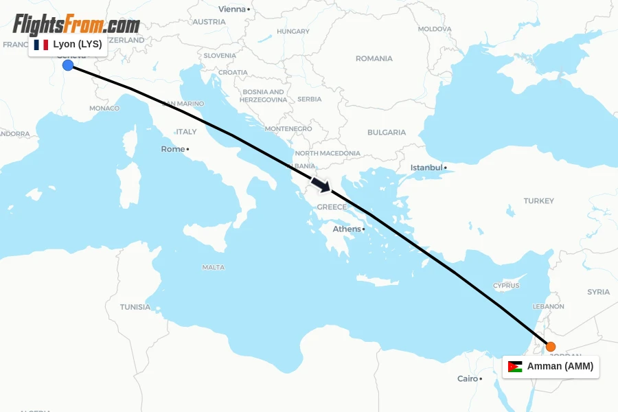 Flights from Lyon to Amman route map