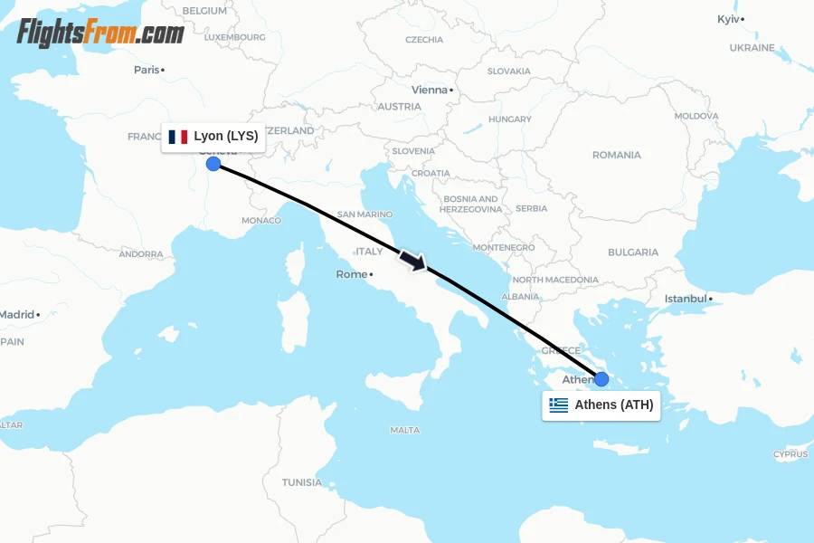 Flights from Lyon to Athens route map