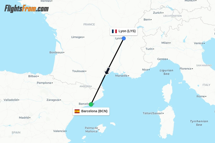 Flights from Lyon to Barcelona route map